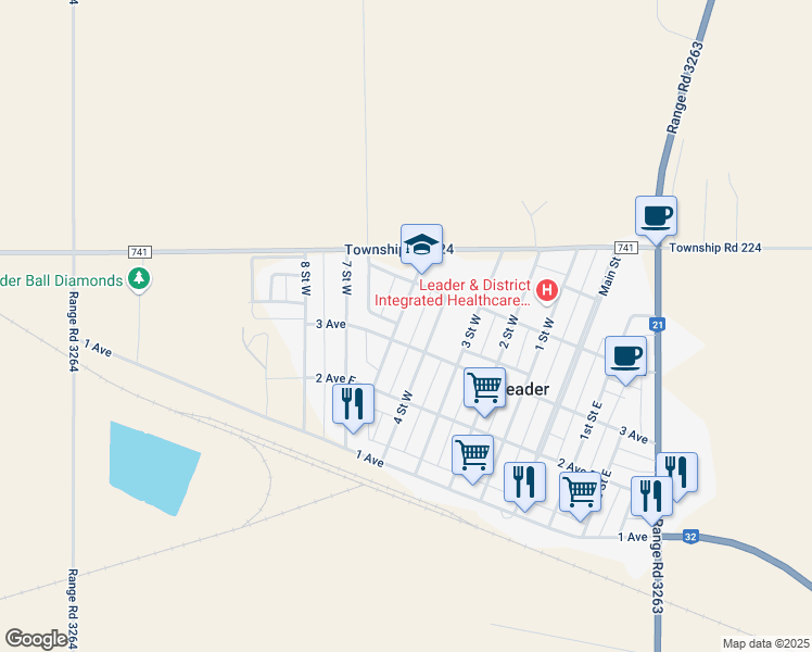 map of restaurants, bars, coffee shops, grocery stores, and more near 311 5 Street West in Leader