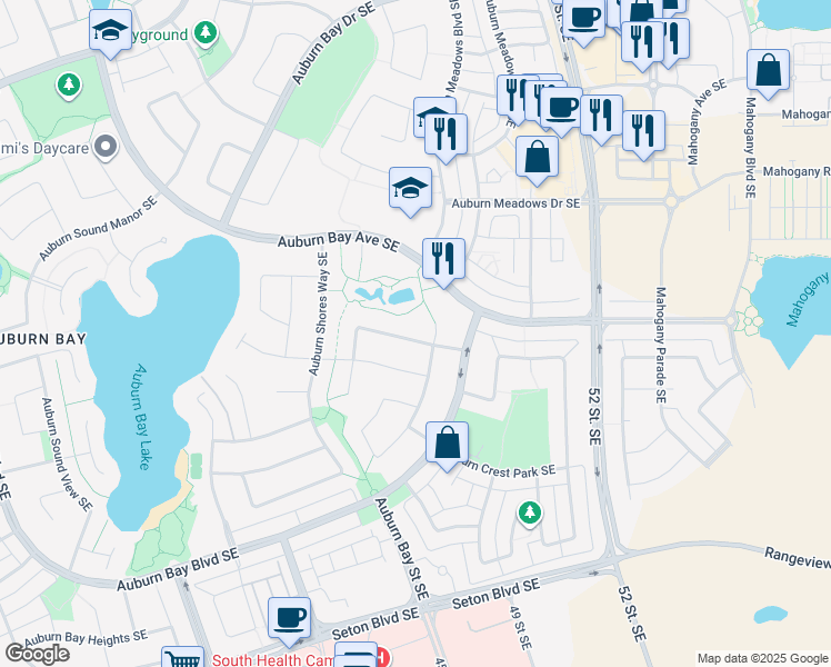 map of restaurants, bars, coffee shops, grocery stores, and more near 14 Auburn Springs Park Southeast in Calgary