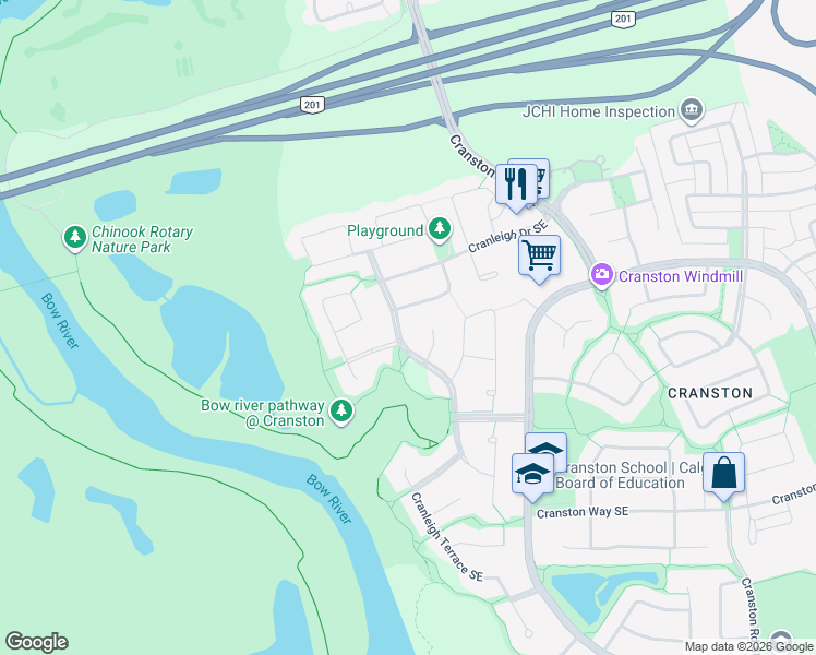 map of restaurants, bars, coffee shops, grocery stores, and more near 48 Cranleigh Way Southeast in Calgary