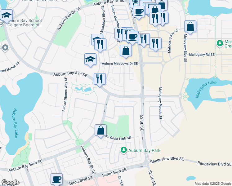 map of restaurants, bars, coffee shops, grocery stores, and more near 496 Auburn Bay Avenue Southeast in Calgary