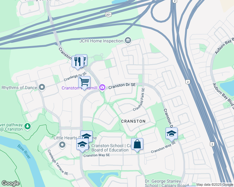 map of restaurants, bars, coffee shops, grocery stores, and more near 91 Cranfield Crescent Southeast in Calgary