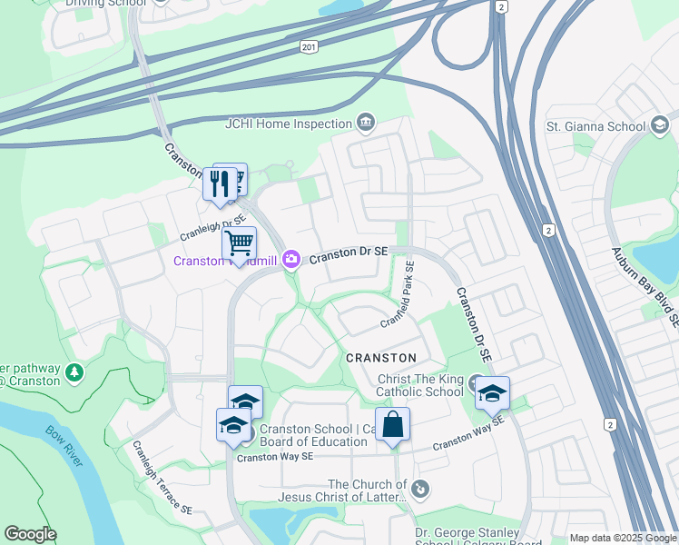 map of restaurants, bars, coffee shops, grocery stores, and more near 83 Cranfield Crescent Southeast in Calgary