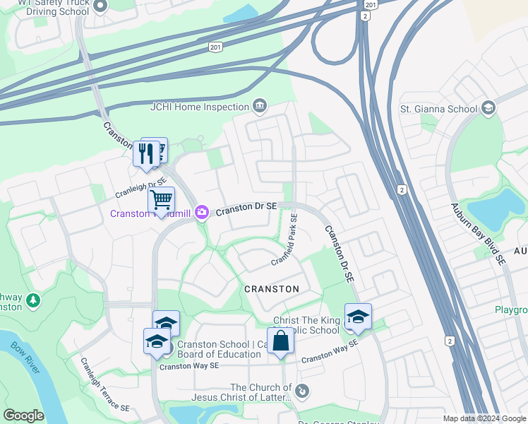 map of restaurants, bars, coffee shops, grocery stores, and more near 7 Cranfield Crescent Southeast in Calgary