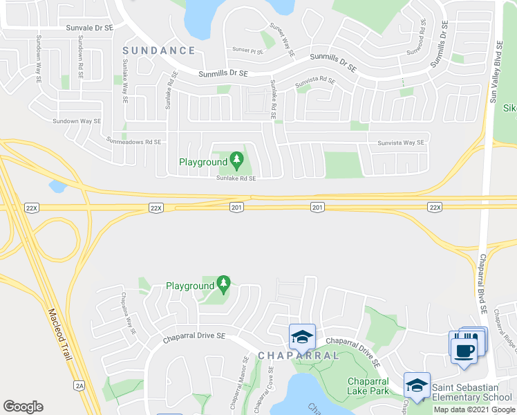 map of restaurants, bars, coffee shops, grocery stores, and more near 1733 Alberta 201 in Calgary