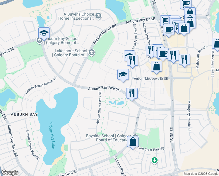 map of restaurants, bars, coffee shops, grocery stores, and more near Auburn Springs Cove Southeast in Calgary