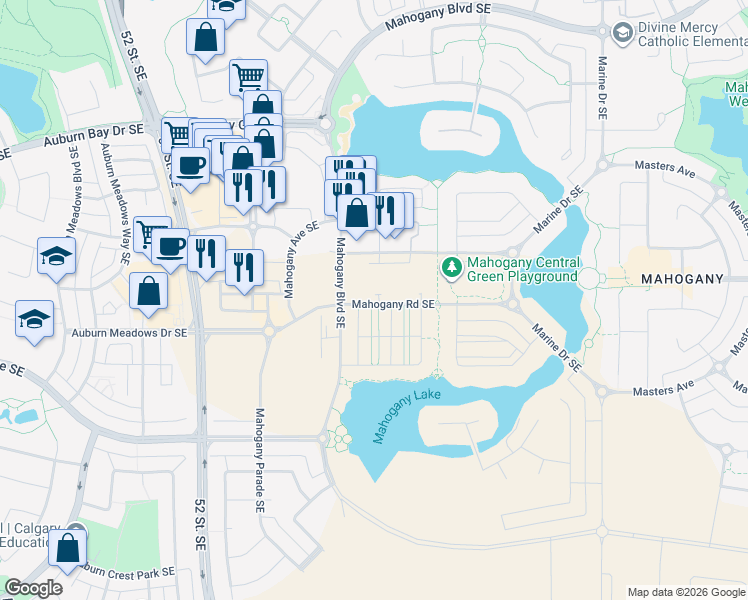 map of restaurants, bars, coffee shops, grocery stores, and more near 1955 Mahogany Boulevard Southeast in Calgary