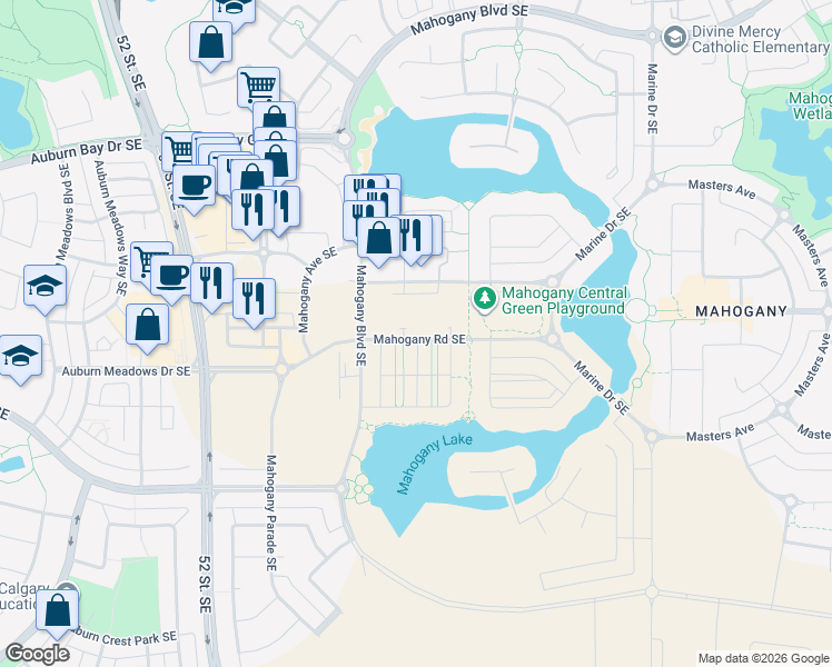 map of restaurants, bars, coffee shops, grocery stores, and more near 188 Mahogany Gardens Southeast in Calgary