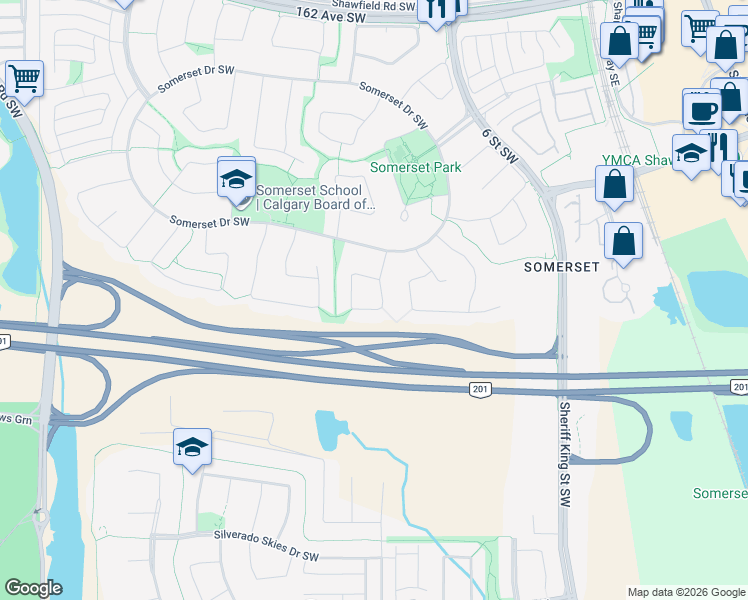 map of restaurants, bars, coffee shops, grocery stores, and more near 37 Somerglen Close Southwest in Calgary