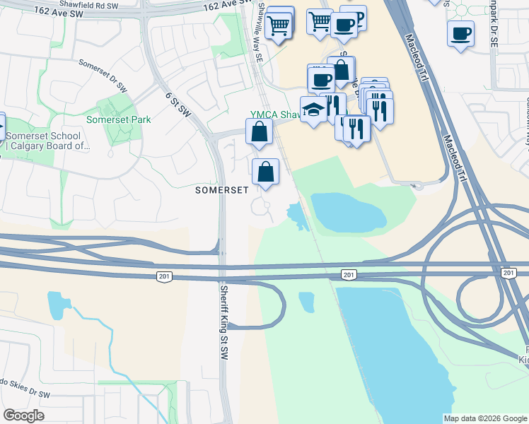 map of restaurants, bars, coffee shops, grocery stores, and more near 5000 Somervale Court Southwest in Calgary