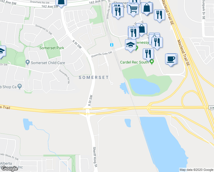 map of restaurants, bars, coffee shops, grocery stores, and more near in Calgary