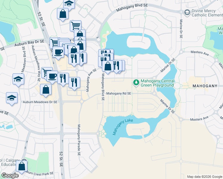 map of restaurants, bars, coffee shops, grocery stores, and more near 1955 Mahogany Boulevard Southeast in Calgary