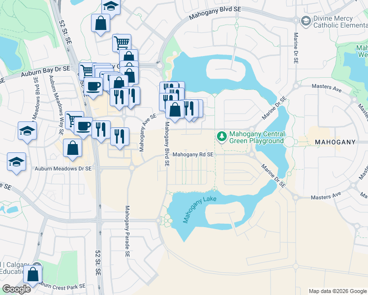 map of restaurants, bars, coffee shops, grocery stores, and more near 1955 Mahogany Boulevard Southeast in Calgary