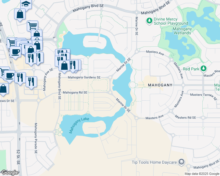 map of restaurants, bars, coffee shops, grocery stores, and more near Marine Drive Southeast in Calgary