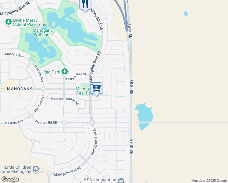 map of restaurants, bars, coffee shops, grocery stores, and more near 89 Masters Street Southeast in Calgary