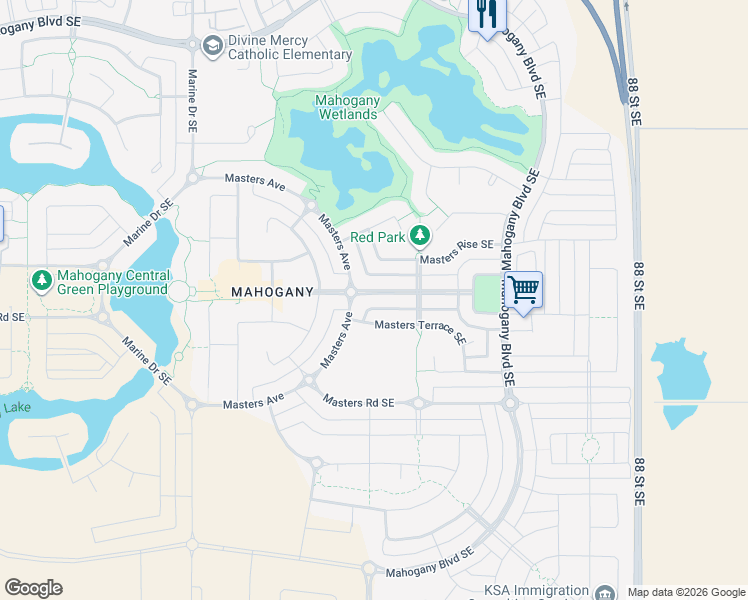map of restaurants, bars, coffee shops, grocery stores, and more near 8033 Masters Boulevard Southeast in Calgary