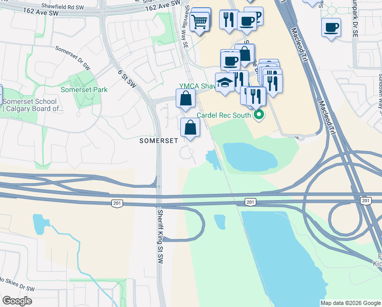 map of restaurants, bars, coffee shops, grocery stores, and more near 4500-5500 Somervale Court Southwest in Calgary