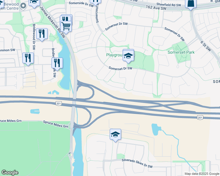 map of restaurants, bars, coffee shops, grocery stores, and more near 174 Somerglen Way Southwest in Calgary