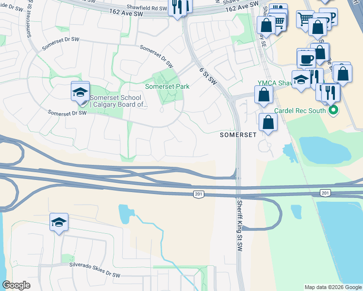 map of restaurants, bars, coffee shops, grocery stores, and more near 27 Somerglen Court Southwest in Calgary