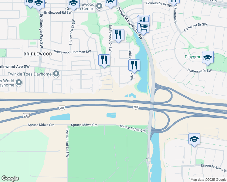 map of restaurants, bars, coffee shops, grocery stores, and more near 92 Bridlewood View Southwest in Calgary