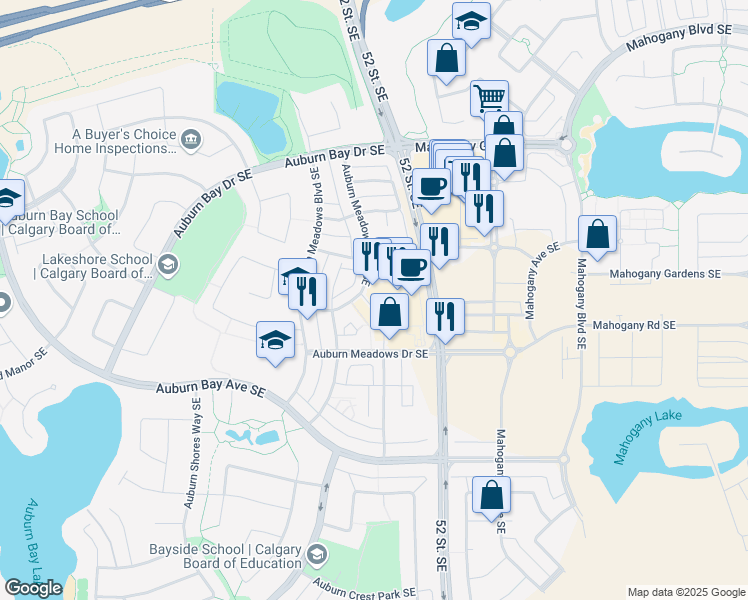 map of restaurants, bars, coffee shops, grocery stores, and more near 100 Auburn Meadows Drive Southeast in Calgary