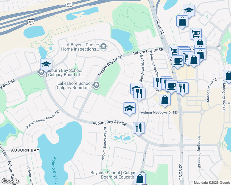 map of restaurants, bars, coffee shops, grocery stores, and more near 137 Auburn Meadows Crescent Southeast in Calgary