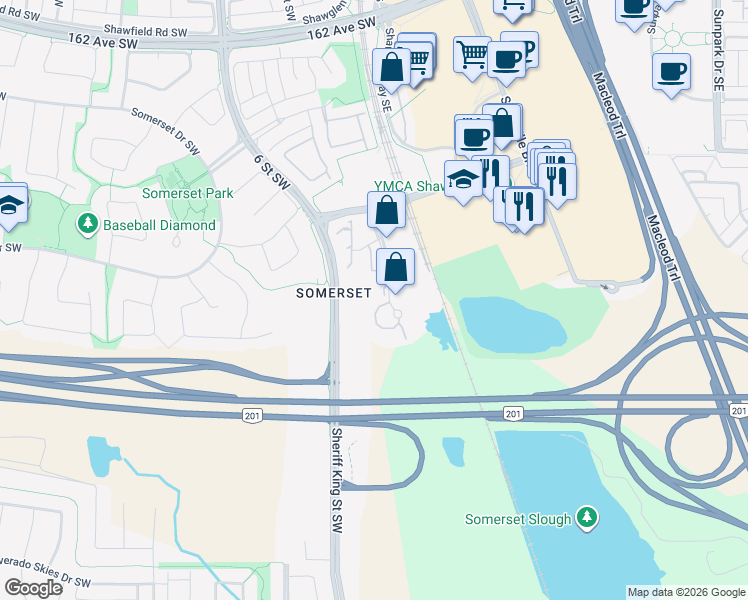 map of restaurants, bars, coffee shops, grocery stores, and more near 6000 Somervale Court Southwest in Calgary
