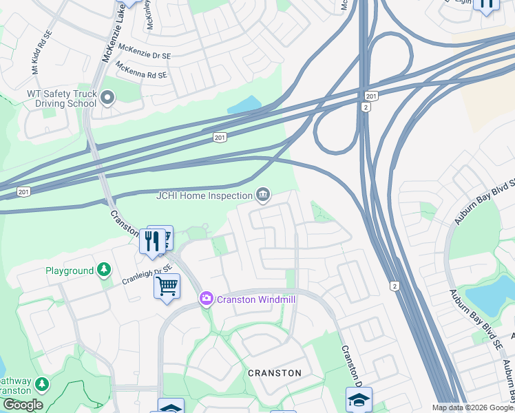 map of restaurants, bars, coffee shops, grocery stores, and more near 161 Cramond Close Southeast in Calgary