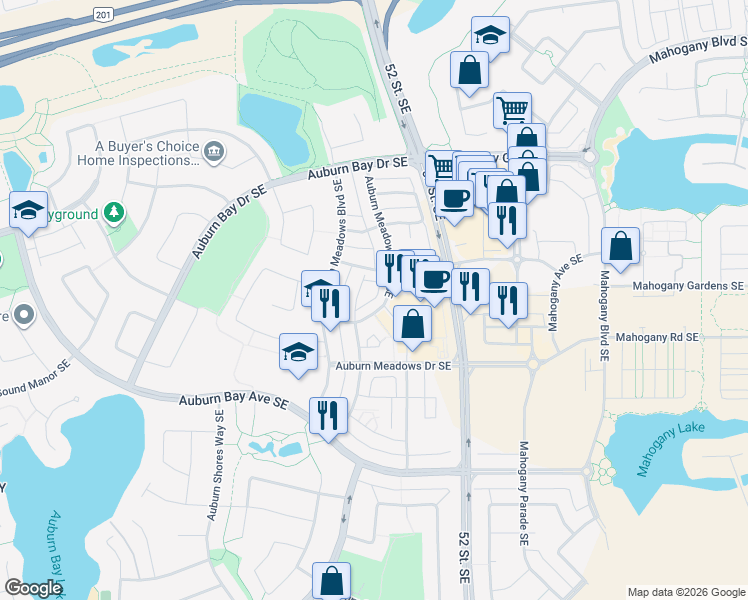 map of restaurants, bars, coffee shops, grocery stores, and more near Auburn Meadows Walk Southeast in Calgary