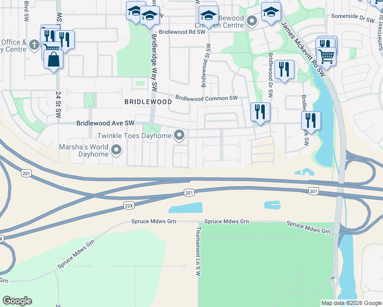 map of restaurants, bars, coffee shops, grocery stores, and more near 36 Bridleridge Circle Southwest in Calgary