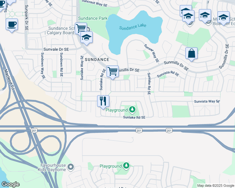 map of restaurants, bars, coffee shops, grocery stores, and more near 160 Sunlake Circle Southeast in Calgary