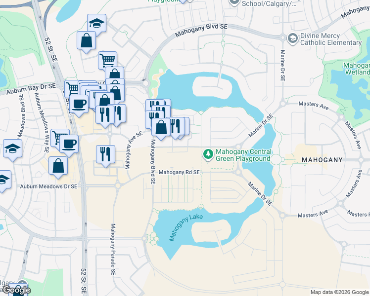 map of restaurants, bars, coffee shops, grocery stores, and more near 188 Mahogany Gardens Southeast in Calgary