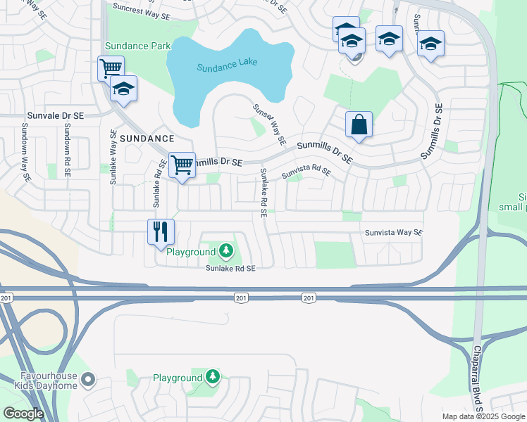 map of restaurants, bars, coffee shops, grocery stores, and more near Sunlake Road Southeast in Calgary