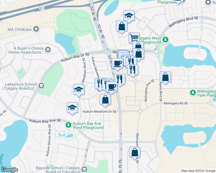 map of restaurants, bars, coffee shops, grocery stores, and more near 32 Auburn Meadows Avenue Southeast in Calgary