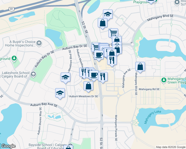 map of restaurants, bars, coffee shops, grocery stores, and more near 25 Auburn Meadows Avenue Southeast in Calgary