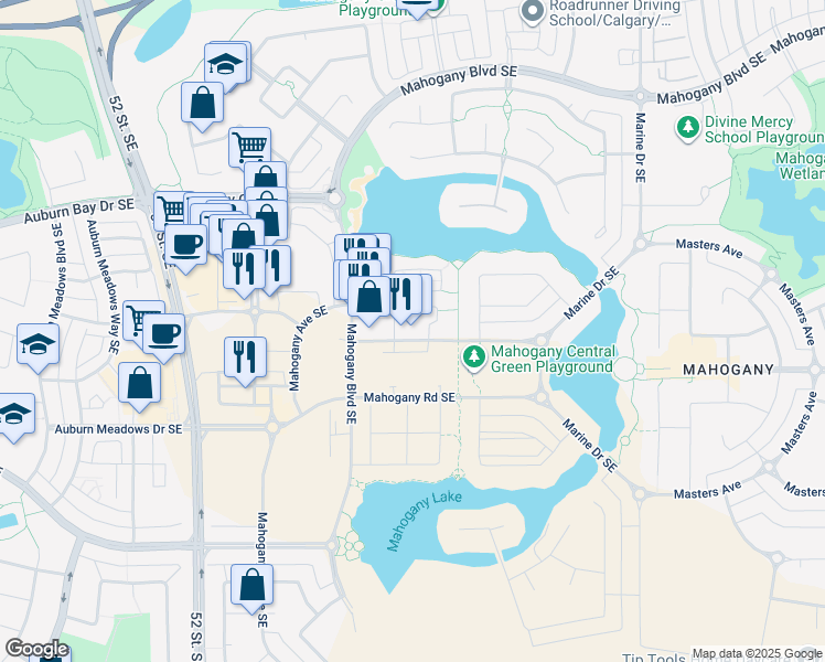 map of restaurants, bars, coffee shops, grocery stores, and more near 188 Mahogany Gardens Southeast in Calgary
