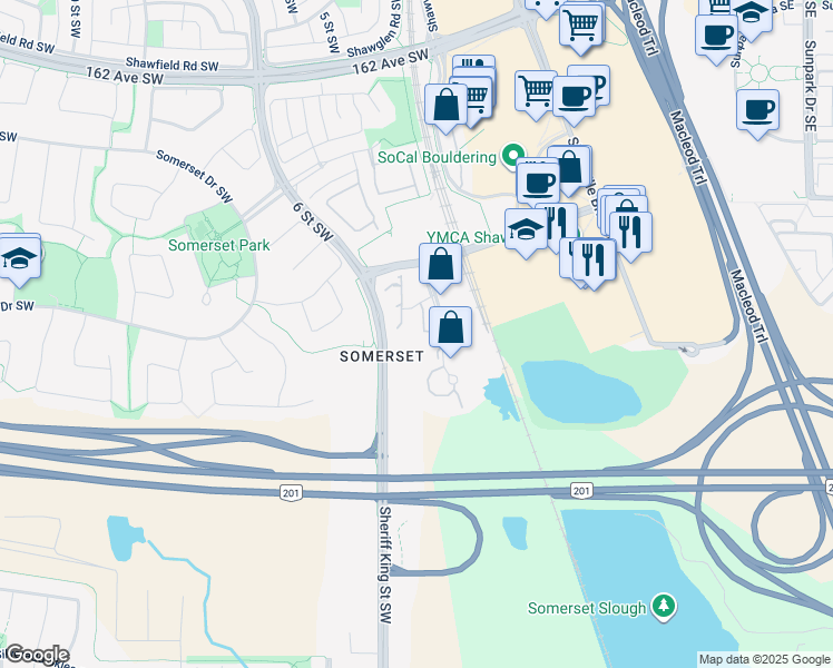 map of restaurants, bars, coffee shops, grocery stores, and more near 7000 Somervale Court Southwest in Calgary