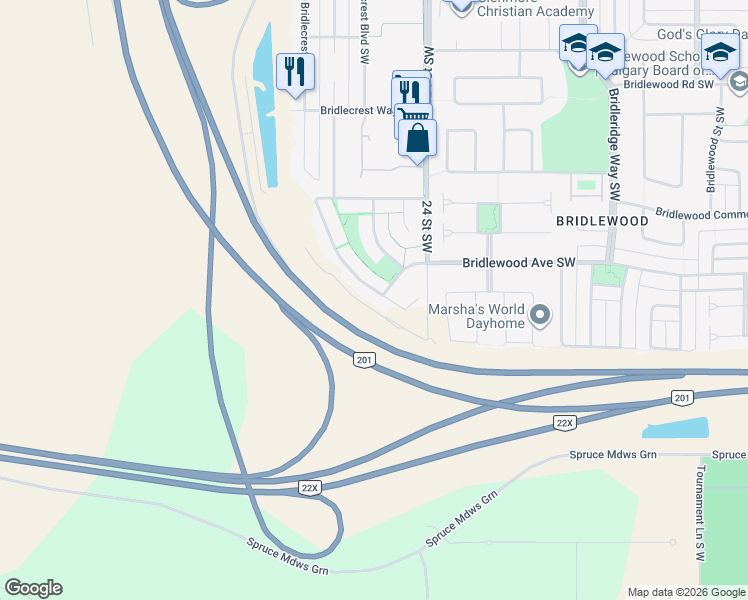 map of restaurants, bars, coffee shops, grocery stores, and more near 17 Bridle Estates Road Southwest in Calgary