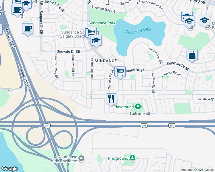 map of restaurants, bars, coffee shops, grocery stores, and more near 426 Sunlake Road Southeast in Calgary