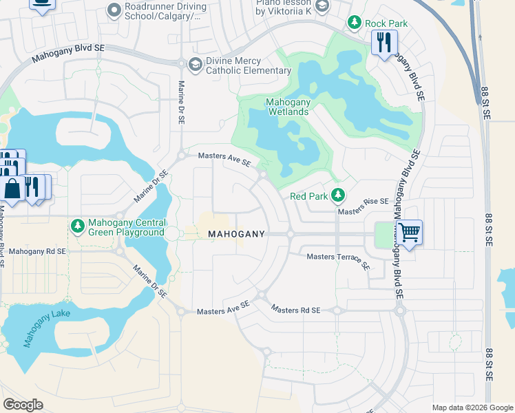 map of restaurants, bars, coffee shops, grocery stores, and more near 36 Masters Common in Calgary