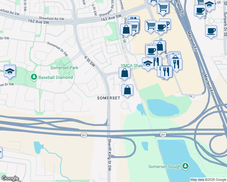 map of restaurants, bars, coffee shops, grocery stores, and more near 15 Somervale View Southwest in Calgary