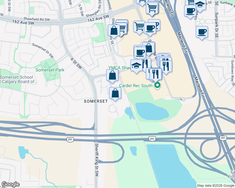 map of restaurants, bars, coffee shops, grocery stores, and more near 3000 Somervale Court Southwest in Calgary