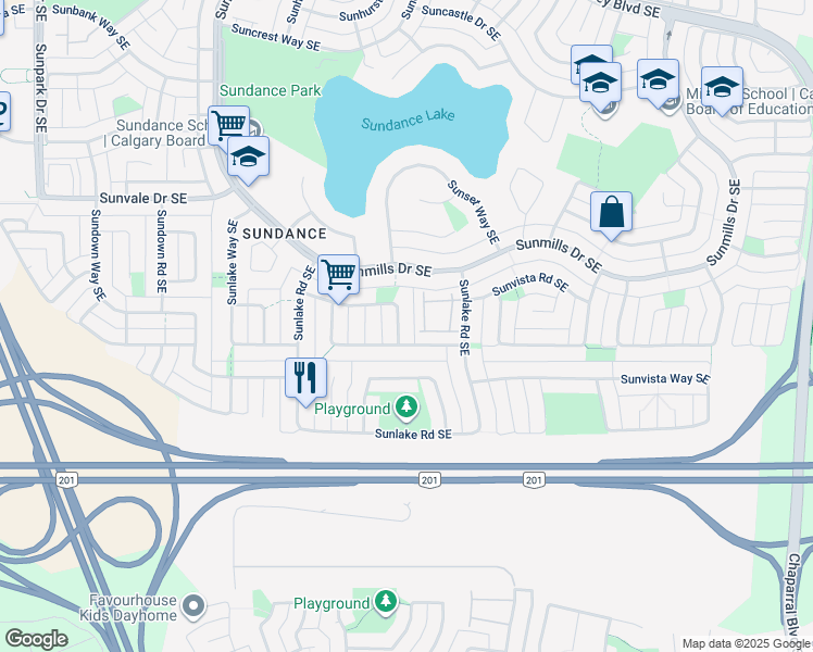 map of restaurants, bars, coffee shops, grocery stores, and more near 100 Sunlake Circle Southeast in Calgary