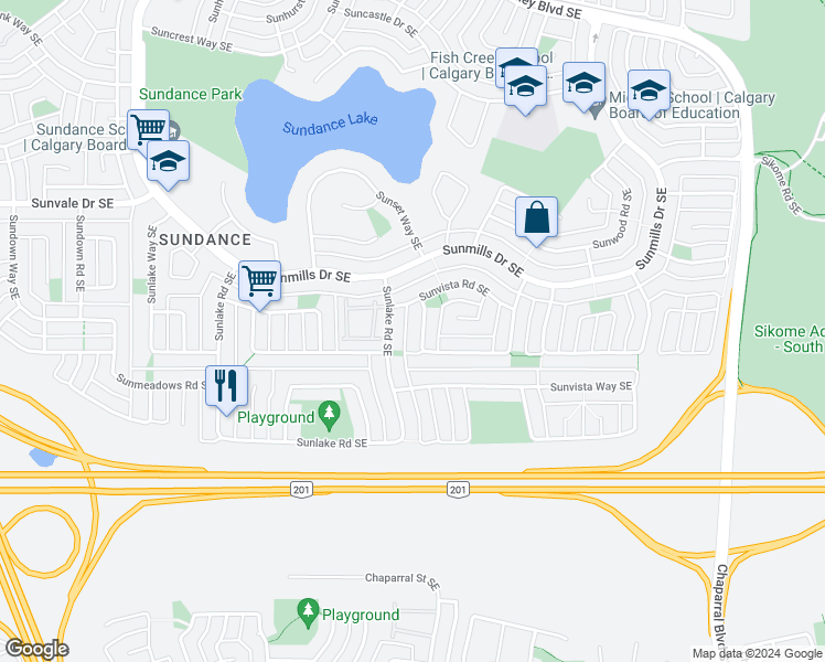 map of restaurants, bars, coffee shops, grocery stores, and more near 132 Sunvista Close Southeast in Calgary