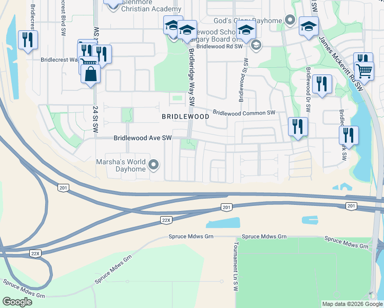 map of restaurants, bars, coffee shops, grocery stores, and more near 23 Bridleridge Link Southwest in Calgary