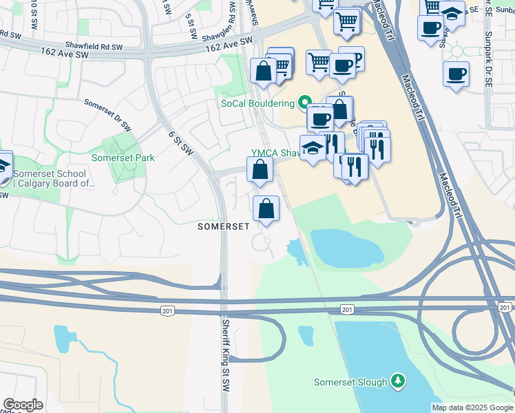 map of restaurants, bars, coffee shops, grocery stores, and more near 3000 Somervale Court Southwest in Calgary