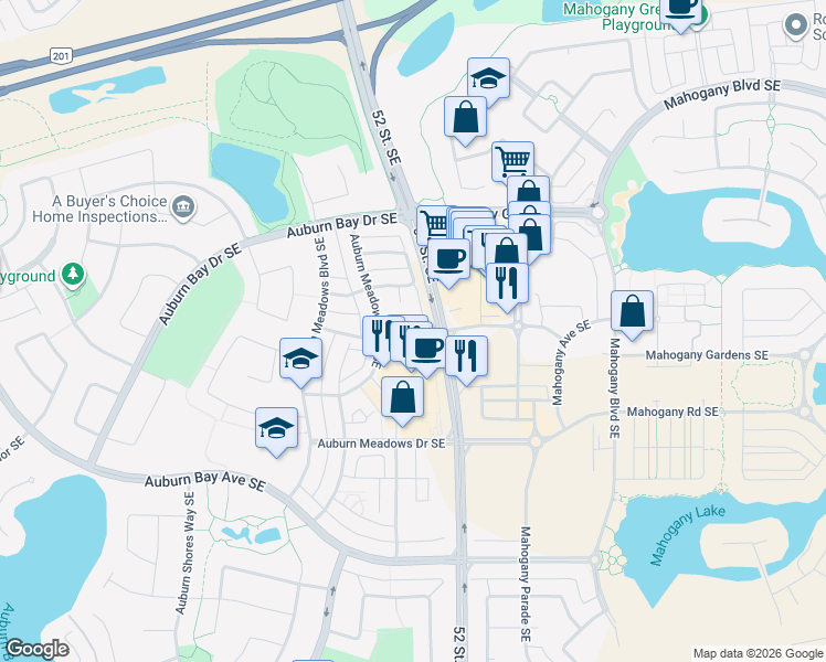 map of restaurants, bars, coffee shops, grocery stores, and more near 32 Auburn Meadows Avenue Southeast in Calgary