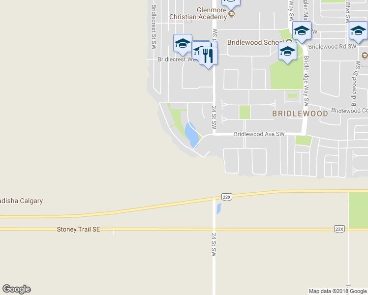 map of restaurants, bars, coffee shops, grocery stores, and more near 17 Bridle Estates Road Southwest in Calgary