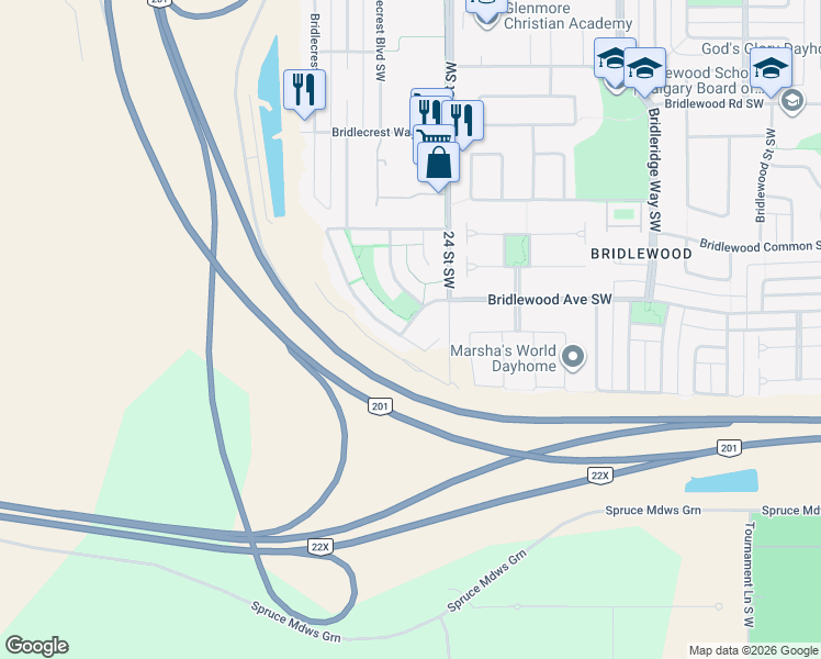 map of restaurants, bars, coffee shops, grocery stores, and more near 45 Bridle Estates Way Southwest in Calgary