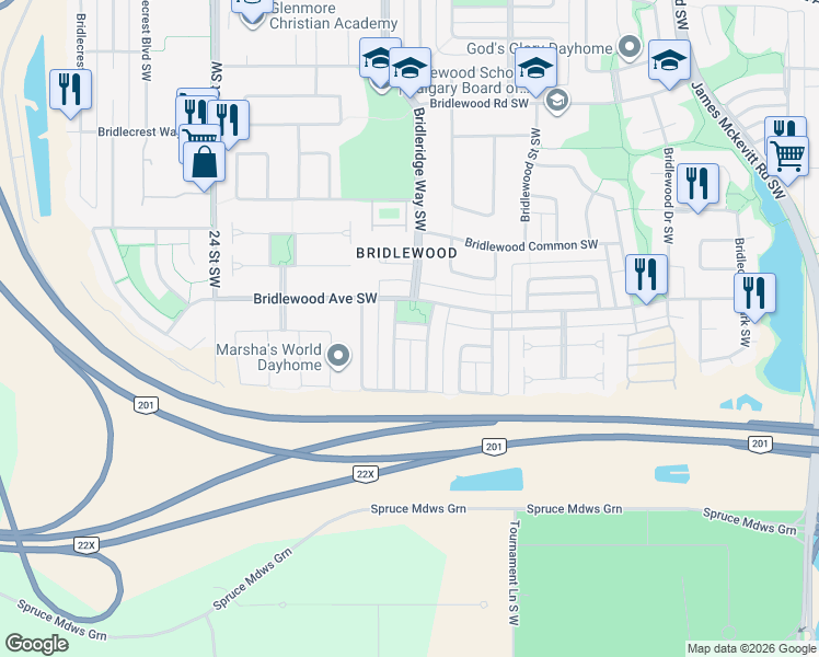 map of restaurants, bars, coffee shops, grocery stores, and more near 23 Bridleridge Link Southwest in Calgary