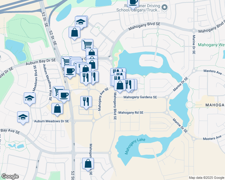 map of restaurants, bars, coffee shops, grocery stores, and more near 2000 Mahogany Boulevard in Calgary
